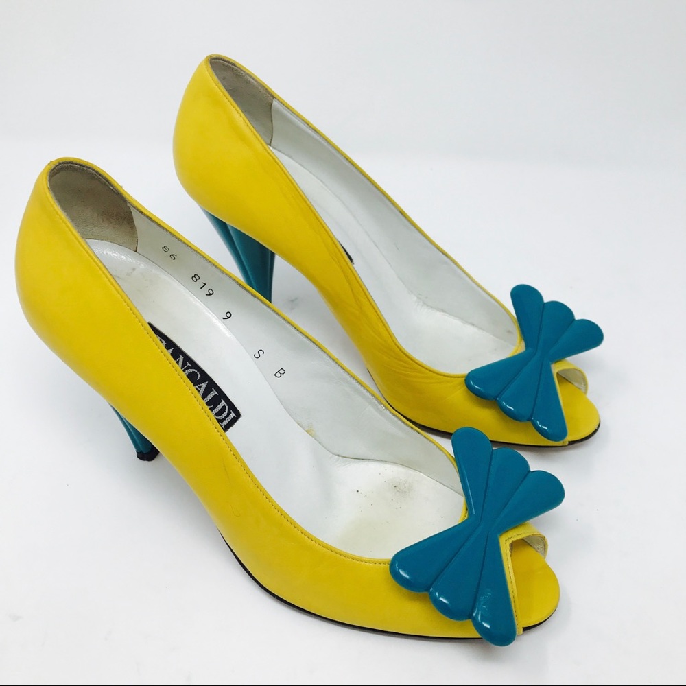 [SOLD] Pancaldi Italy Yellow Aqua Retro Peep High Heels Shoes